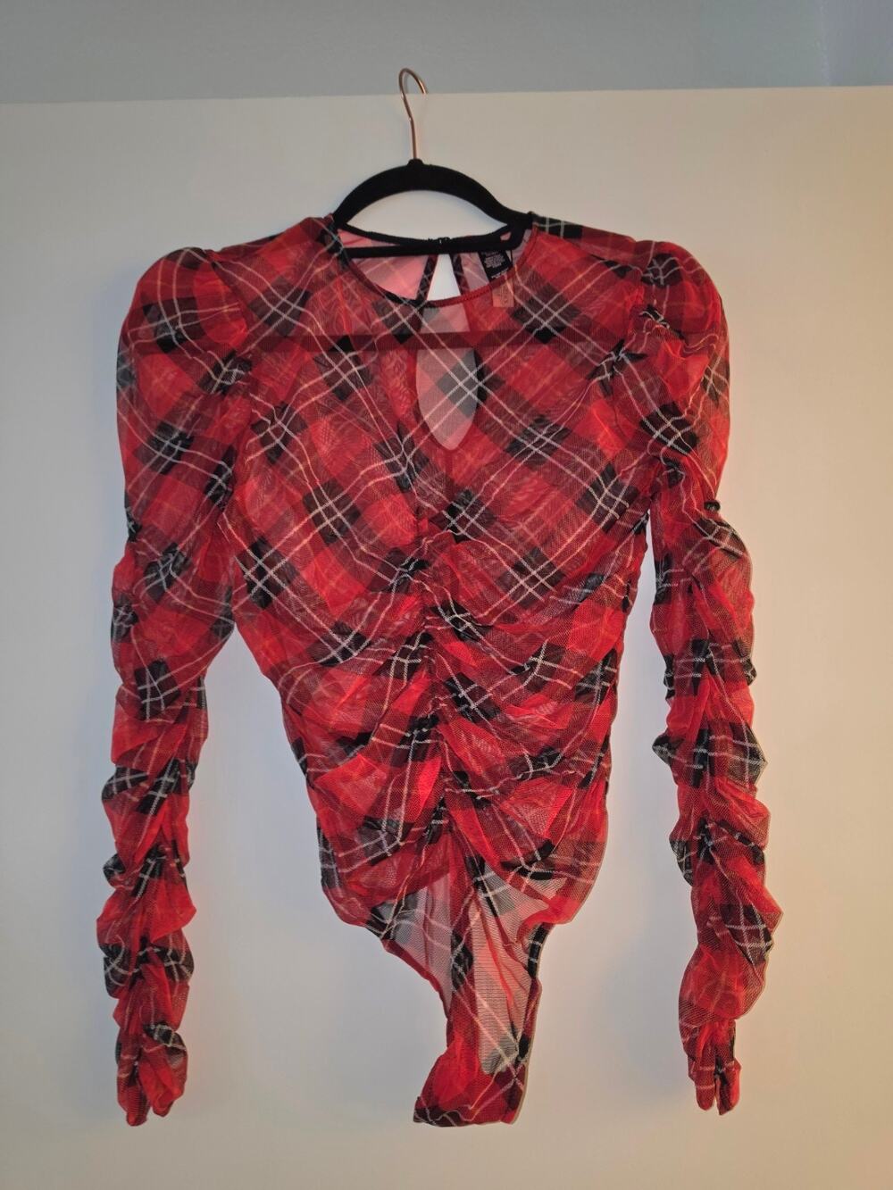 Victoria’s Secret Red Plaid Mesh Ruched Bodysuit – XS – NWT